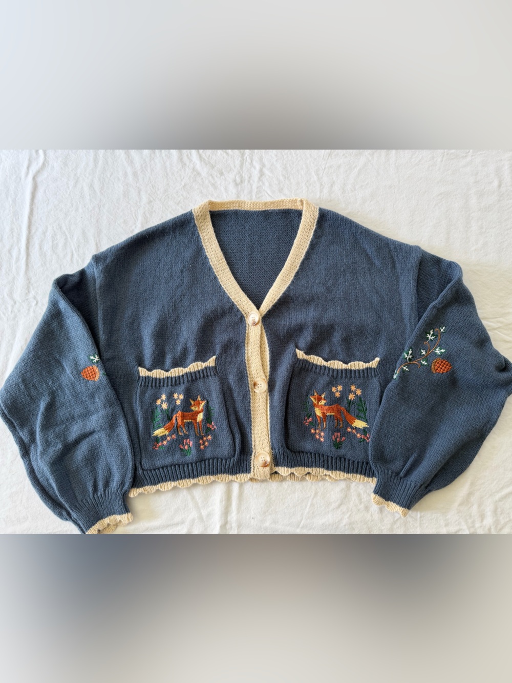 Amazon Blue Cardigan with Cream Trim and Fox Embroidery